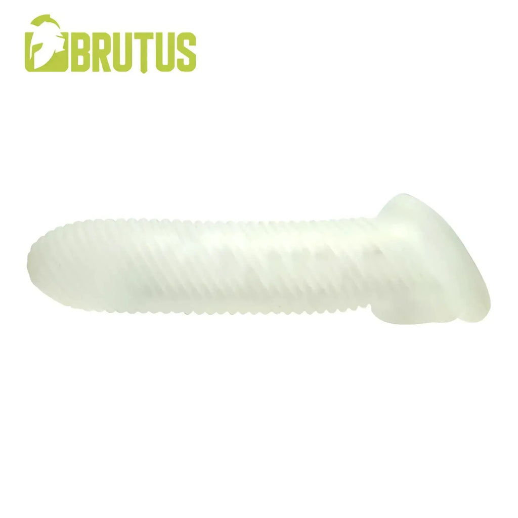 White translucent silicone ribbed cocksheath with rounded head branded brutus in brutus almighty ribbed cocksheath 18cm