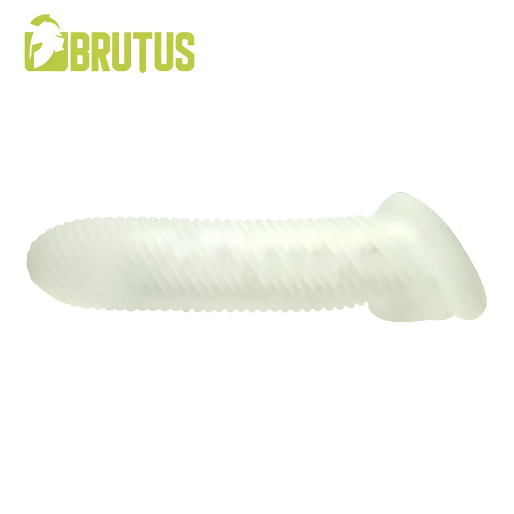 White translucent silicone ribbed cocksheath with rounded head branded brutus in brutus almighty ribbed cocksheath 18cm