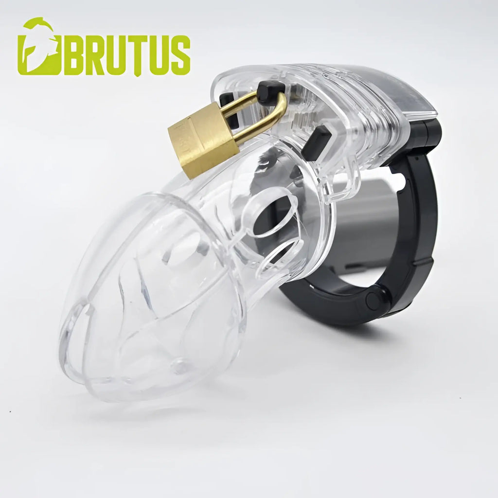 Clear plastic chastity cage with black base and gold lock branded brutus alpha model for secure wear