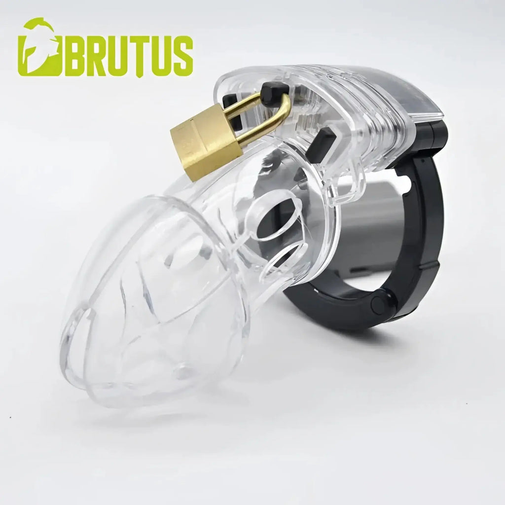Clear plastic chastity cage with black base and gold lock branded brutus alpha model for secure wear