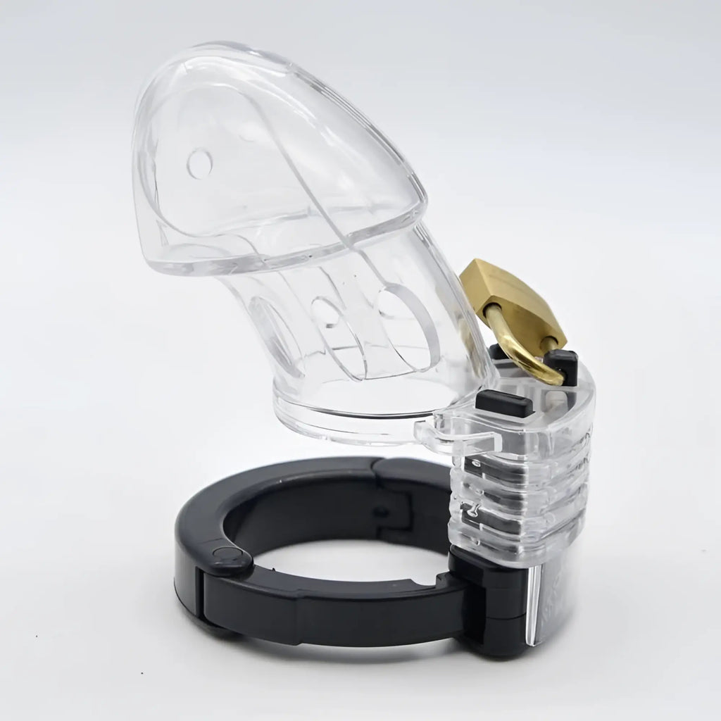 Brutus Brutus Alpha chastity cage clear made of clear plastic with a gold-colored lock and black base ring