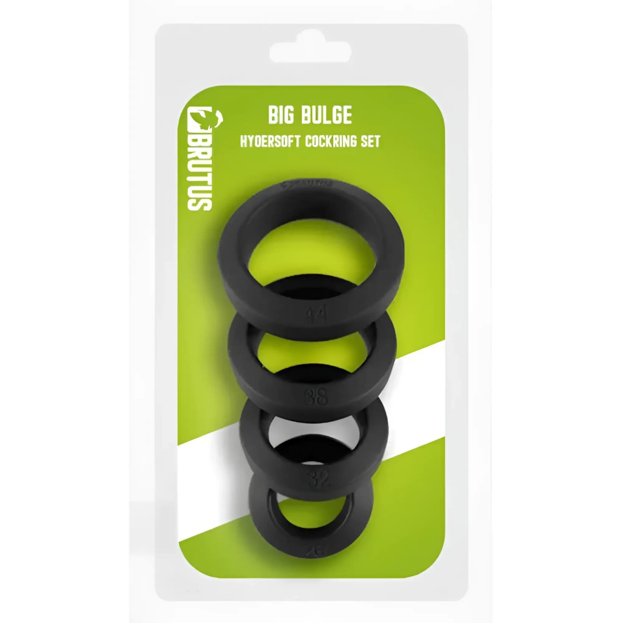 Brutus big bulge silicone cock ring 4 pc set black silicone rings in varying sizes packaged in green white blister pack