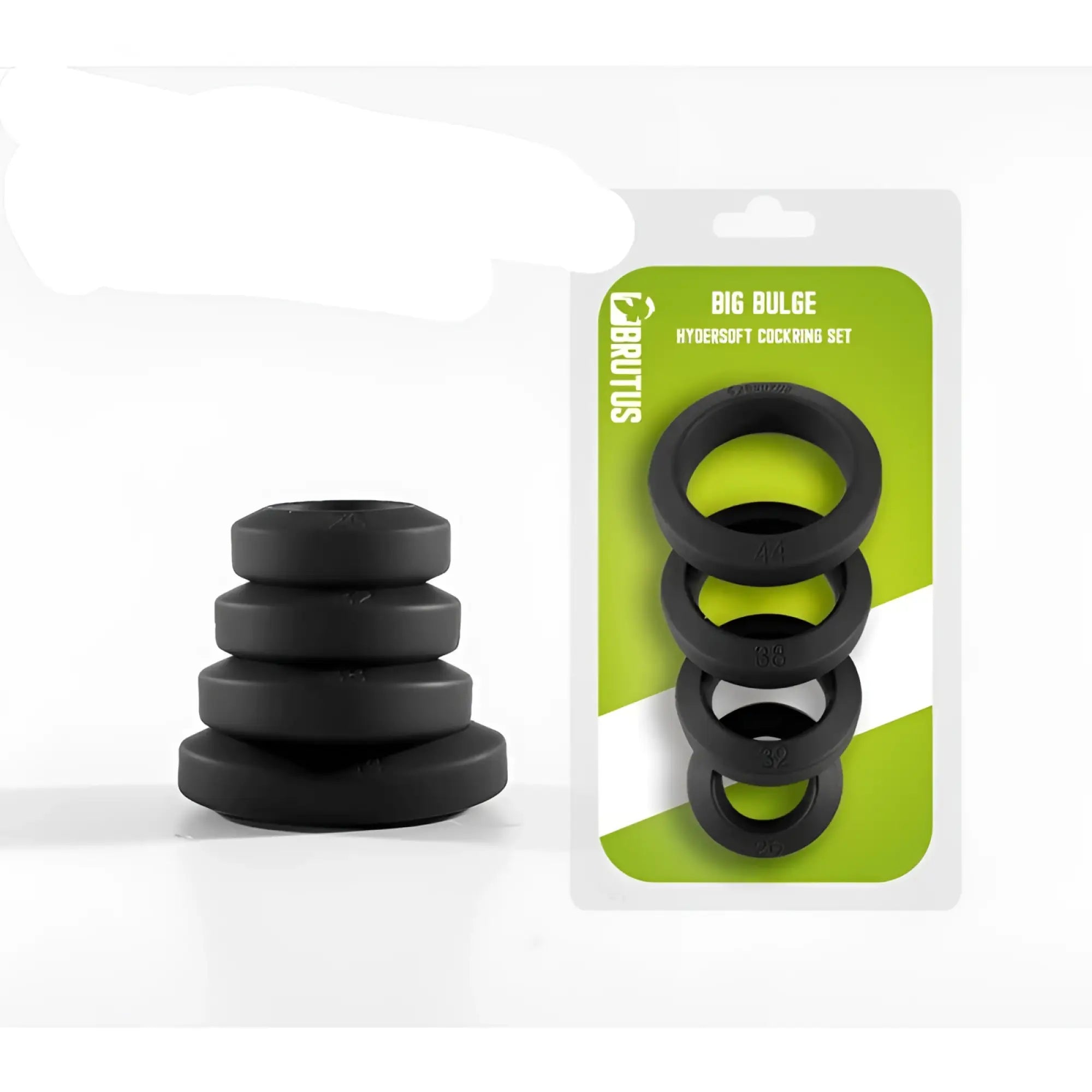 Black silicone cock ring set with varying sizes branded big bulge by libritus for enhanced performance