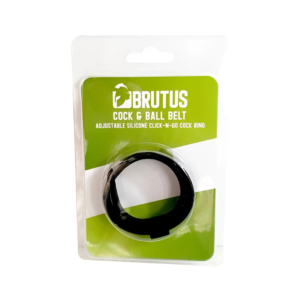 Black adjustable silicone cock ring by brutus in green and white blister pack for cock and ball restraint