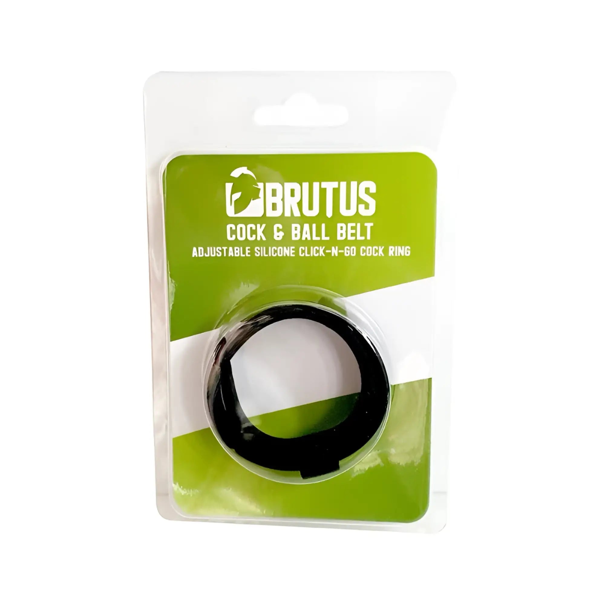 Black adjustable silicone cock ring by brutus in green and white blister pack for cock and ball restraint