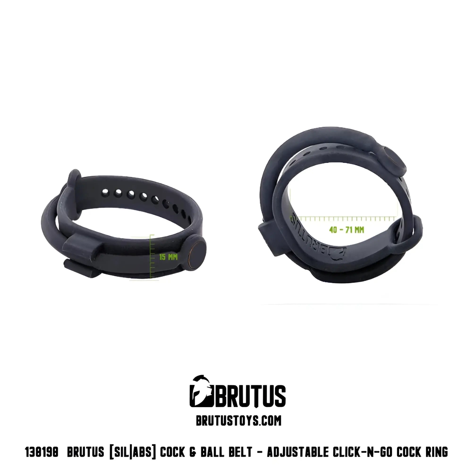 Black silicone Brutus cock and ball belt with adjustable click-and-go mechanism for secure fit