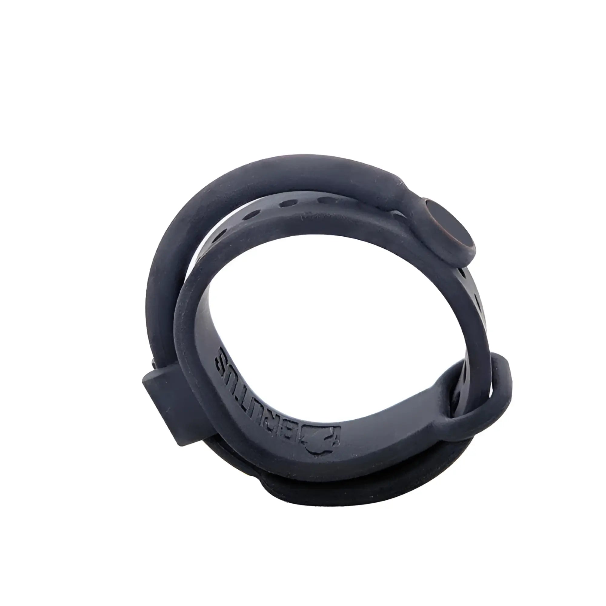 Black silicone watch strap with minimalist design and perforated detailing from brutus cock and ball belt collection