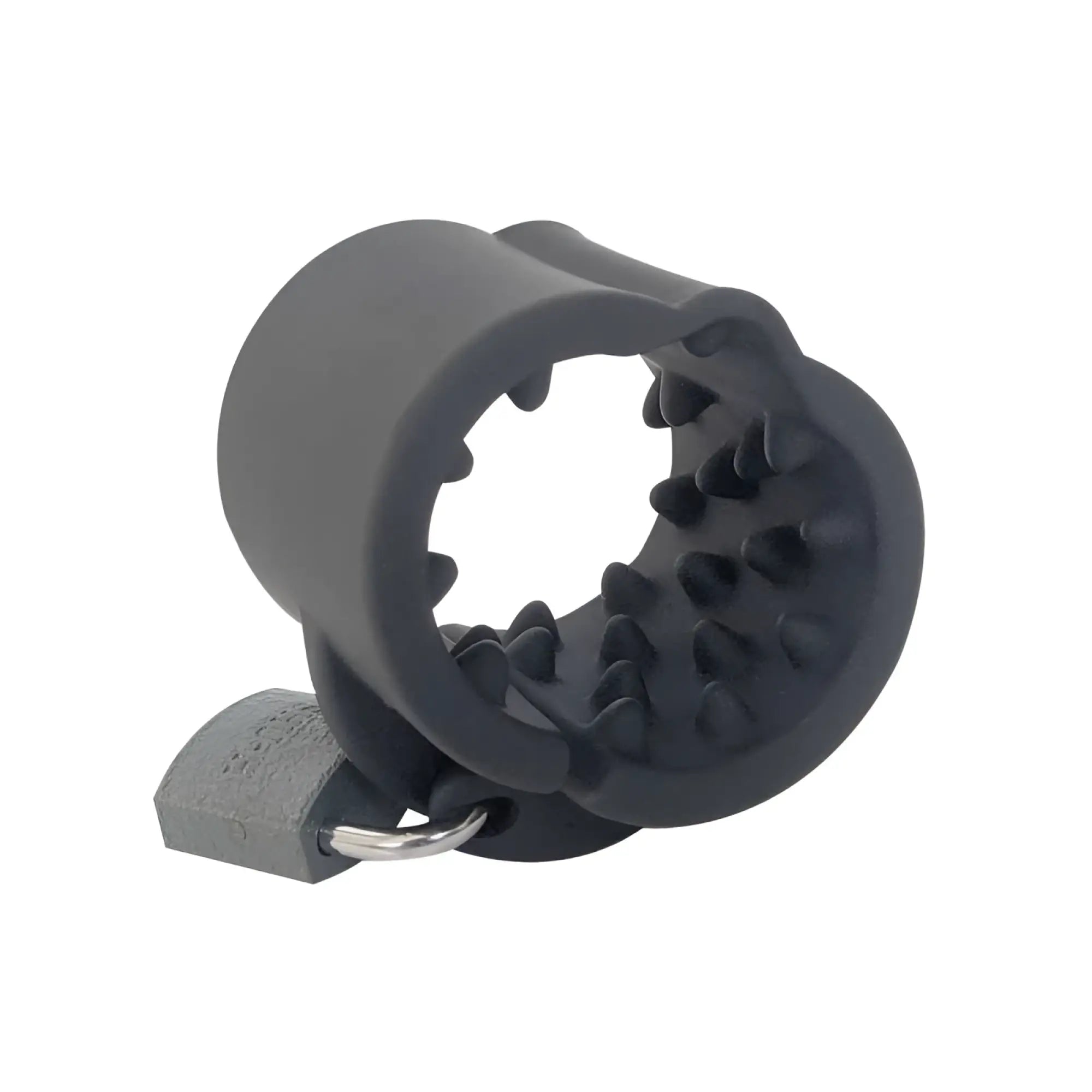 Black silicone cock ring with spiked interior and attached gray padlock from brutus cruncher lockable ball stretcher