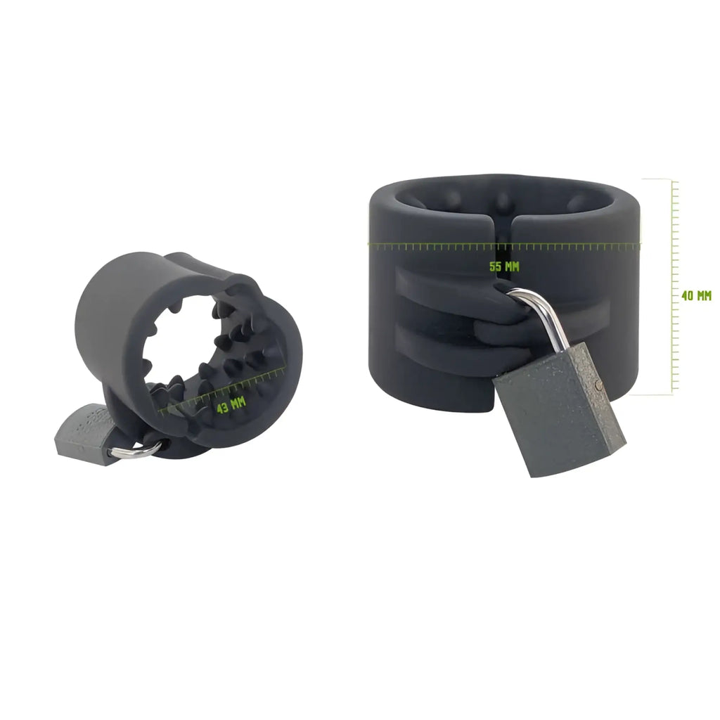 Black silicone brutus cruncher lockable spiked ball stretcher wrist cuff with integrated lock and textured inner surface