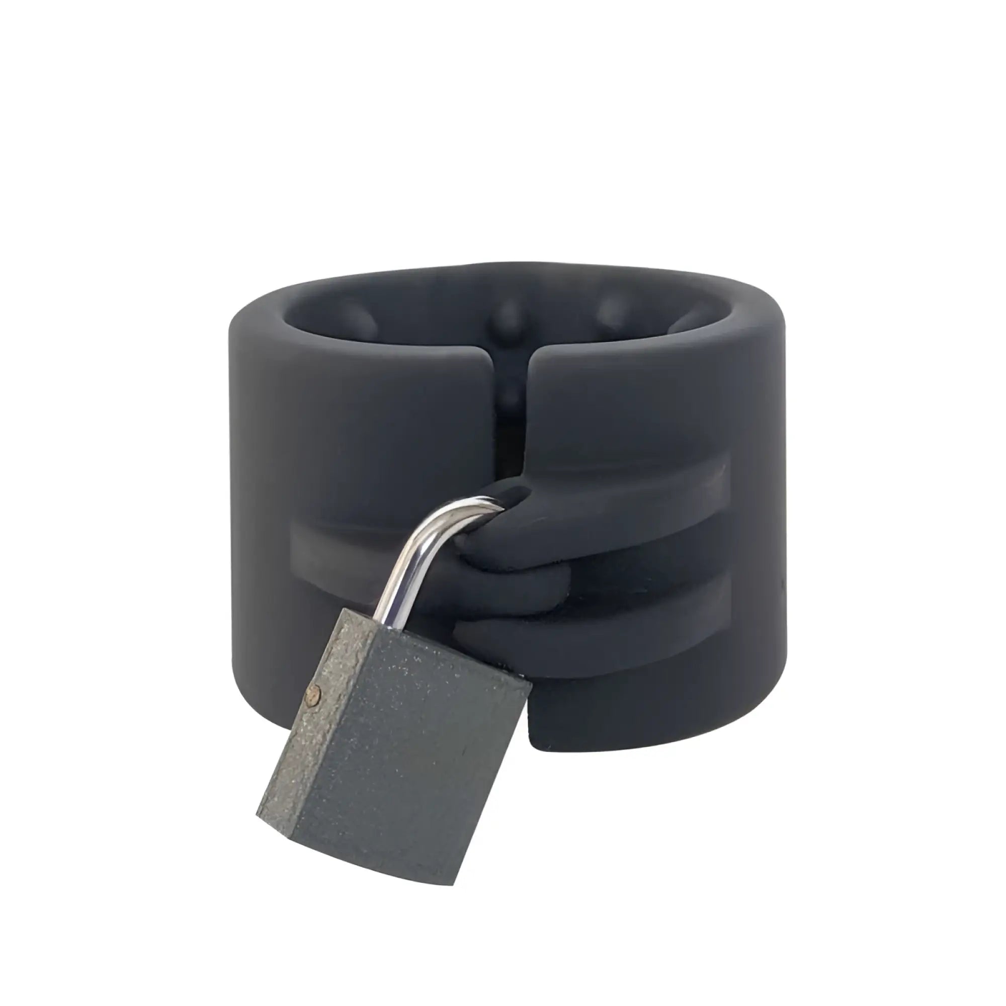 Black silicone wrist cuff with silver-toned padlock for brutus cruncher lockable spiked ball stretcher product