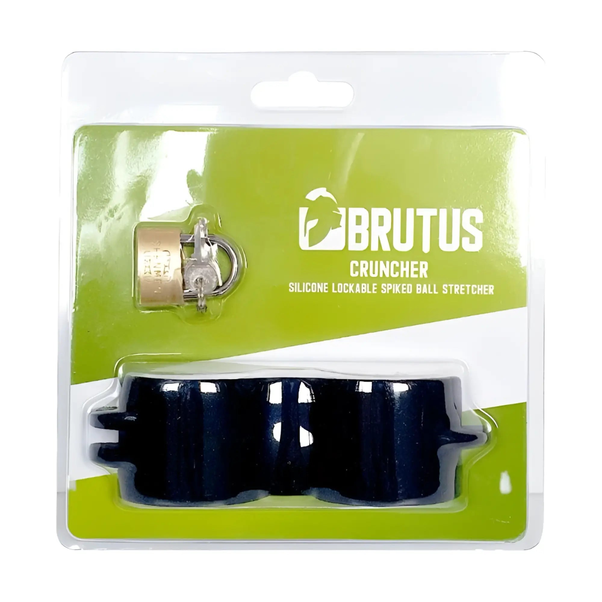 Brutus Brutus Cruncher lockable spiked ball stretcher in black silicone with brass-colored padlock for secure wear