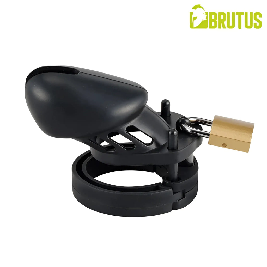 Black silicone chastity cage from Brutus denial set with brass padlock attached for secure male chastity play