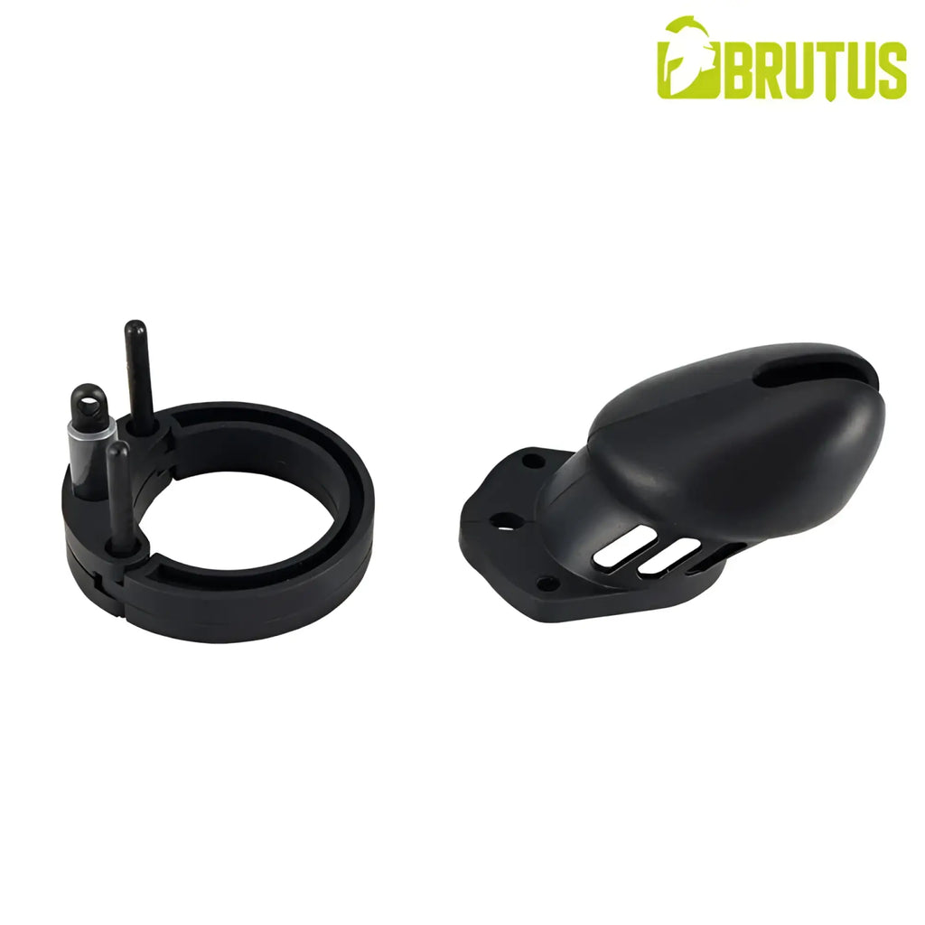 Black brutus denial silicone chastity cage set featuring a curved chamber and ventilation slots on the base