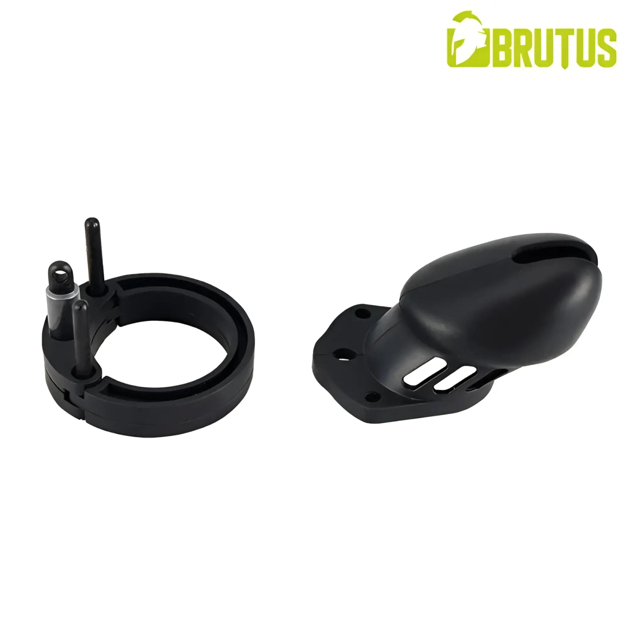 Black brutus denial silicone chastity cage set featuring a curved chamber and ventilation slots on the base