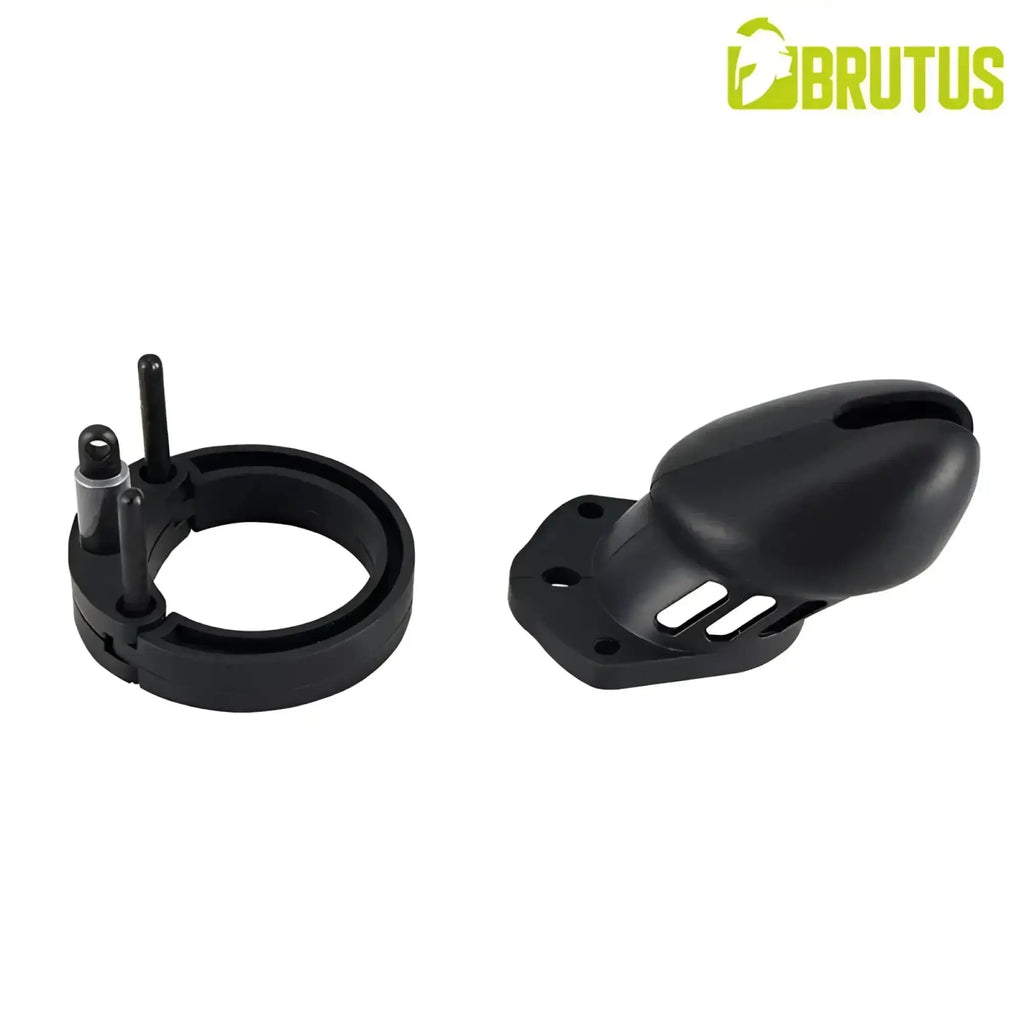 Black brutus denial silicone chastity cage set featuring a curved chamber and ventilation slots on the base