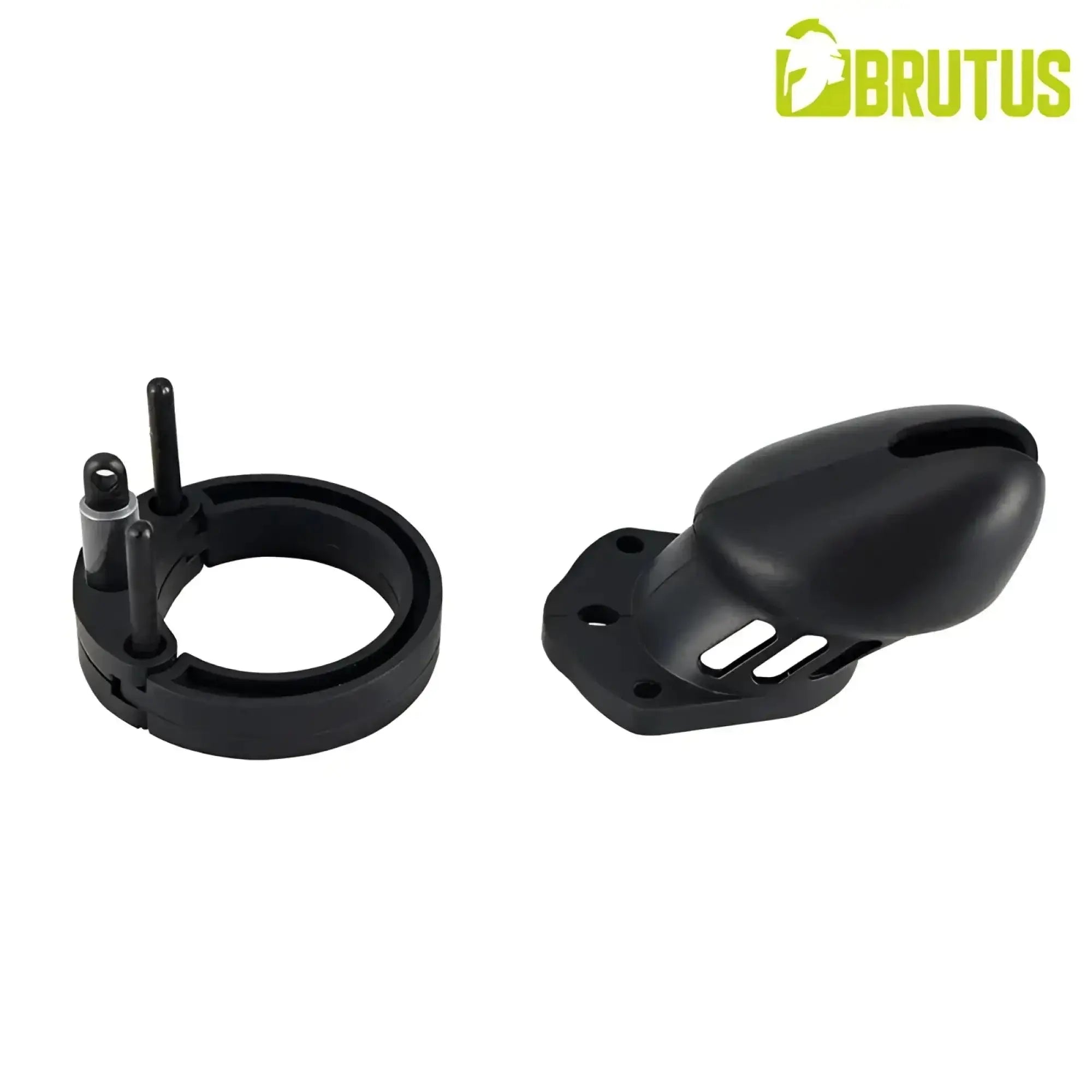 Black brutus denial silicone chastity cage set featuring a curved chamber and ventilation slots on the base