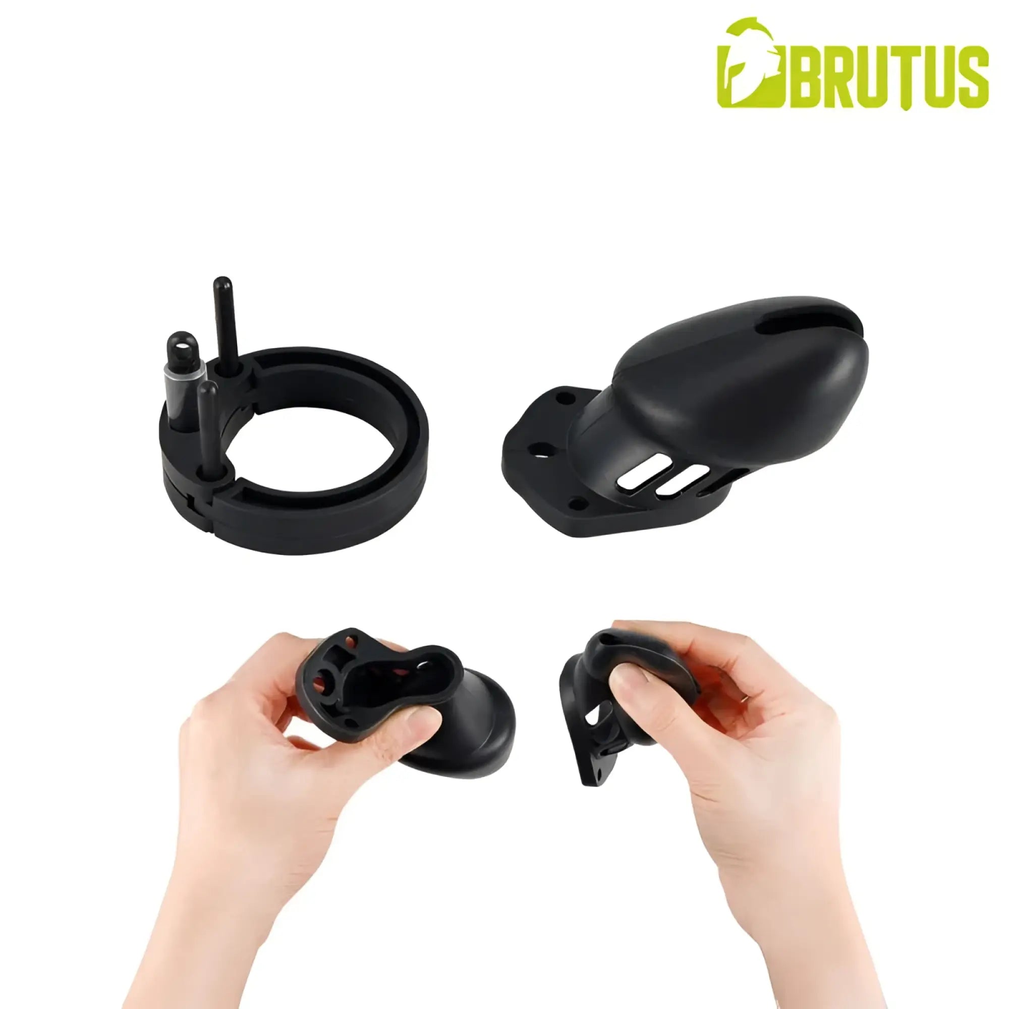Black plastic Brutus Brutus Denial silicone chastity 2 cage set with curved ergonomic design and adjustable ring component