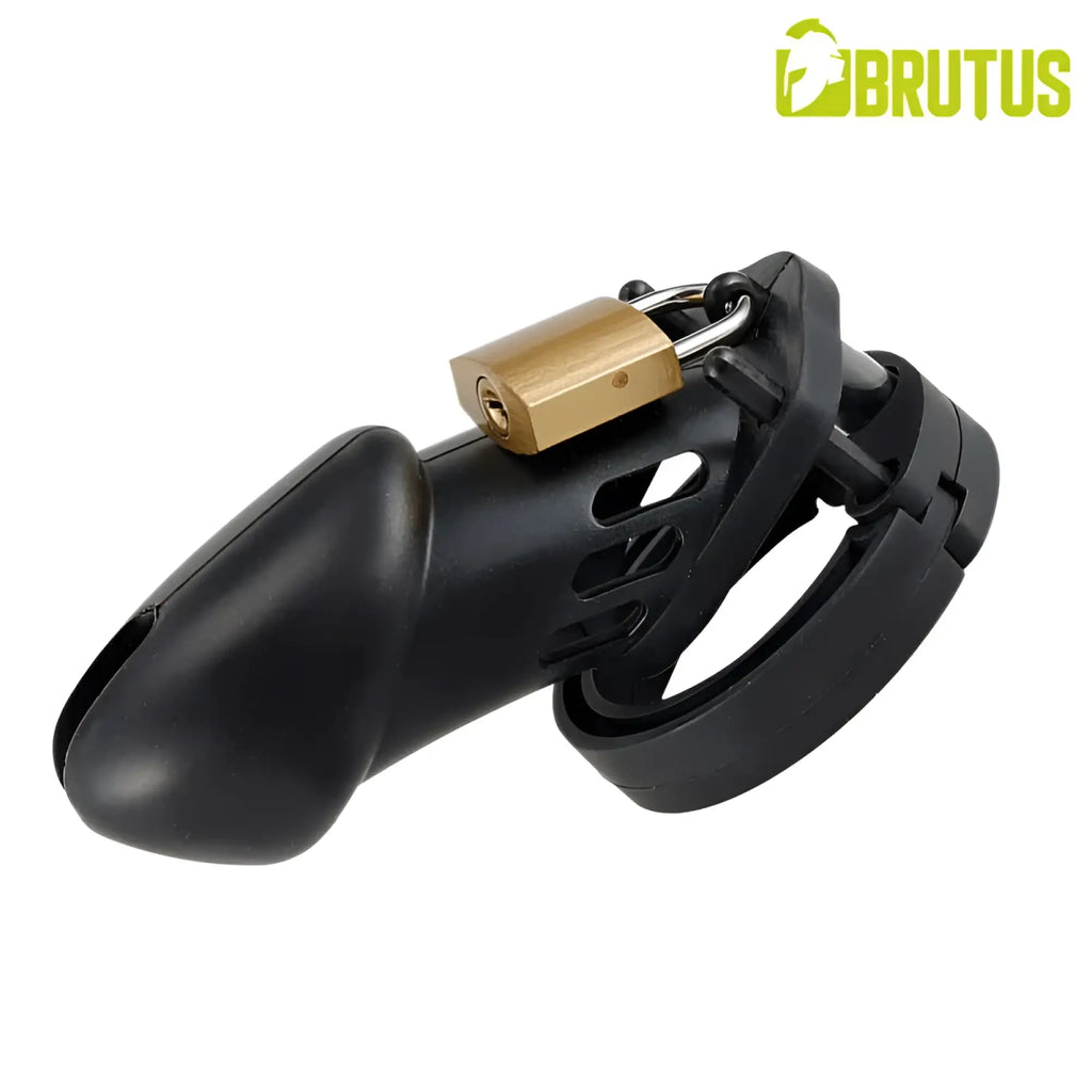 Black plastic brutus denial silicone chastity 2 cage set with gold-colored padlock attached