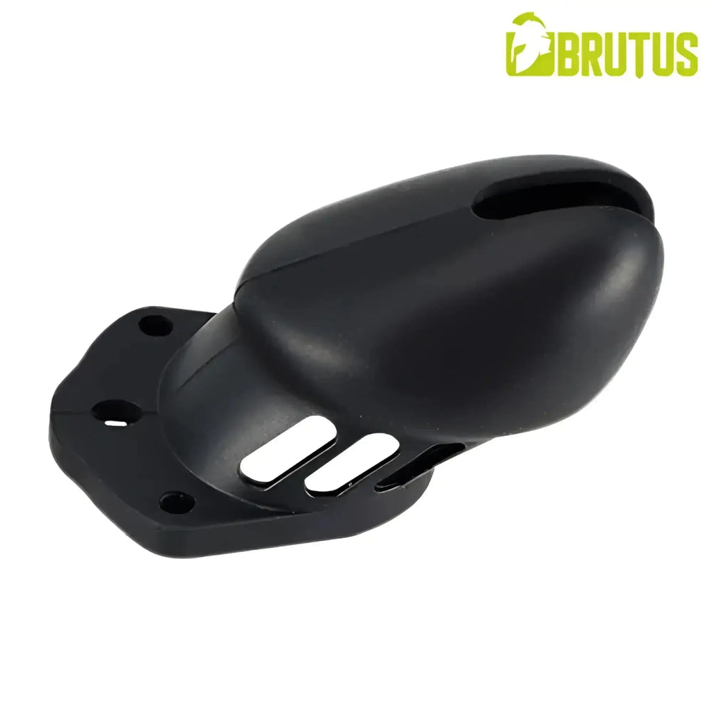 Black brutus denial silicone chastity cage with smooth rounded design and three elongated cutouts on the base
