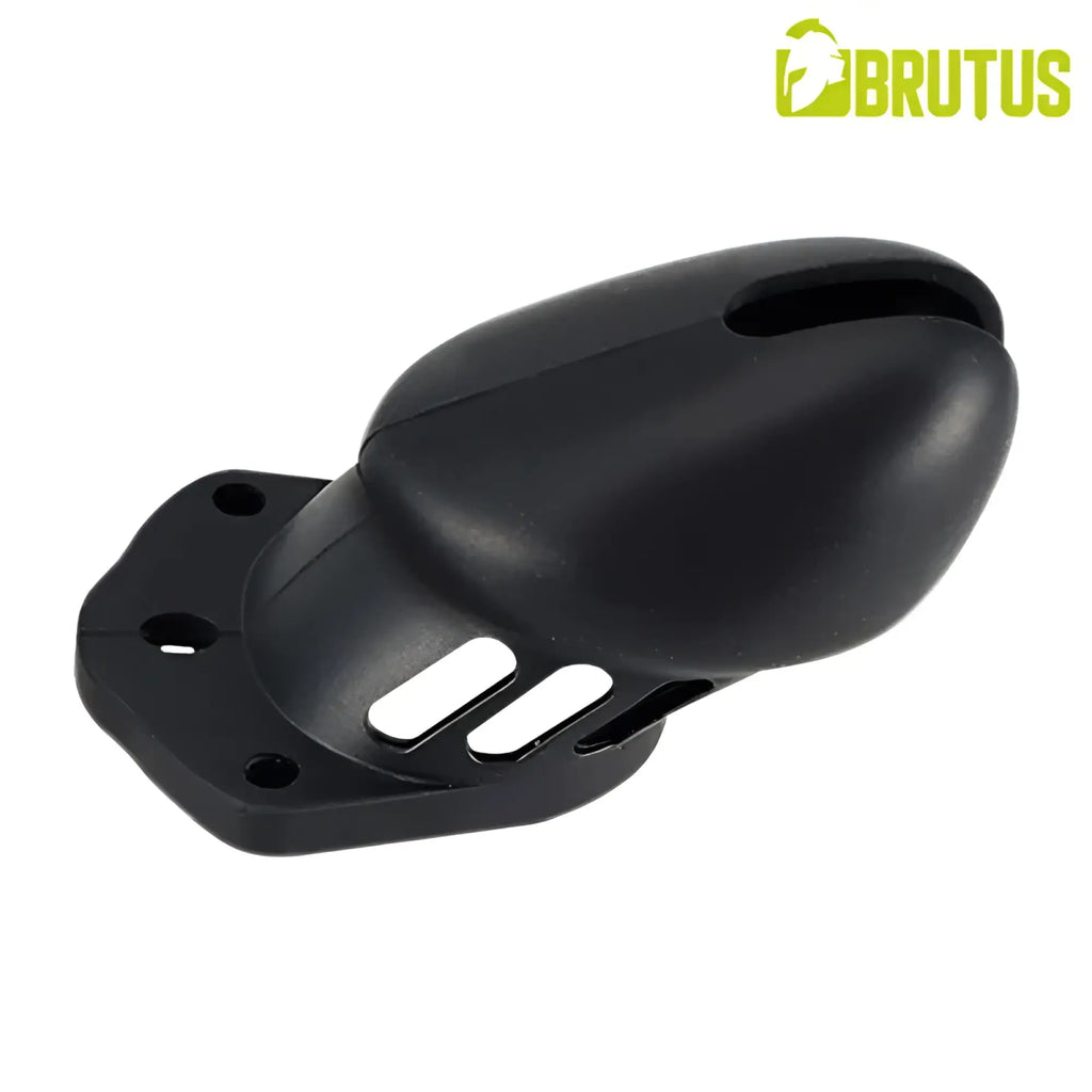 Black brutus denial silicone chastity cage with smooth rounded design and three elongated cutouts on the base