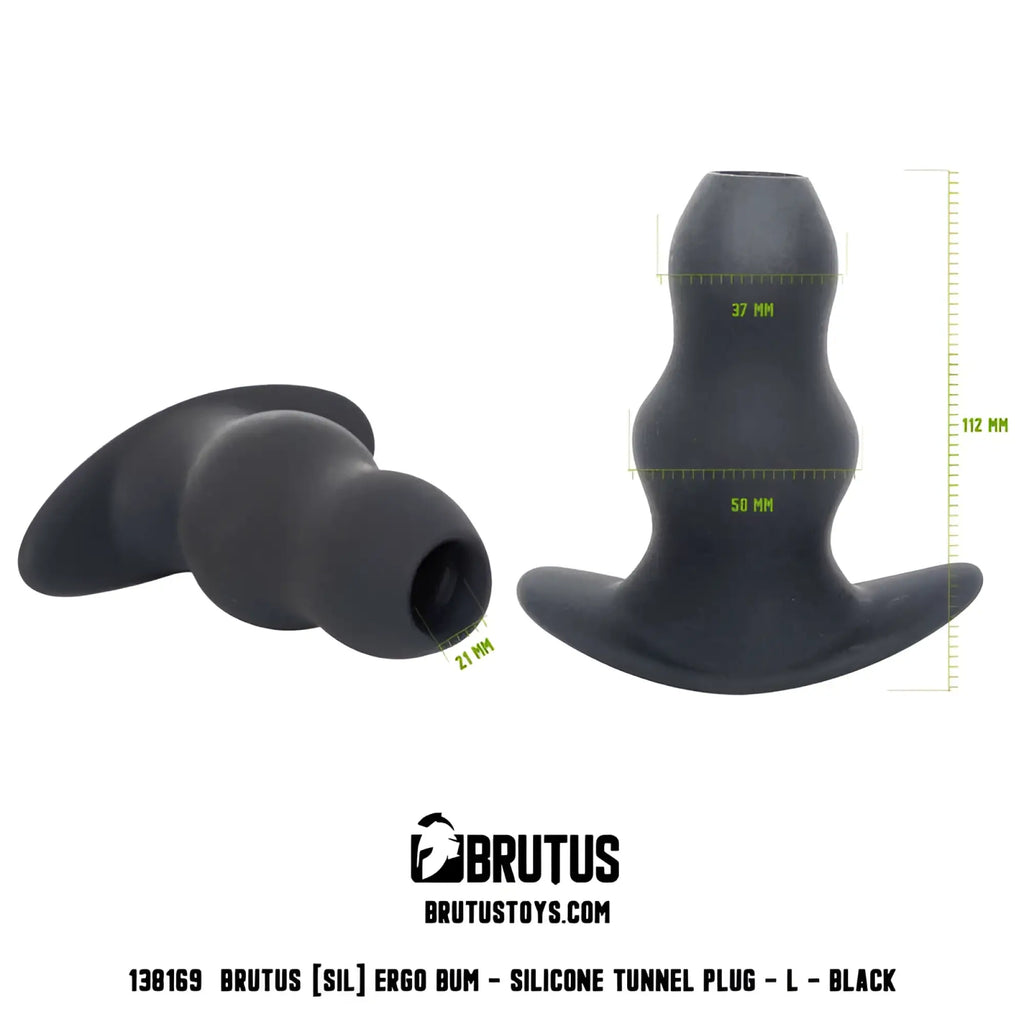 Black silicone brutus ergo bum tunnel plug with ergonomic design and flared base for comfortable wear
