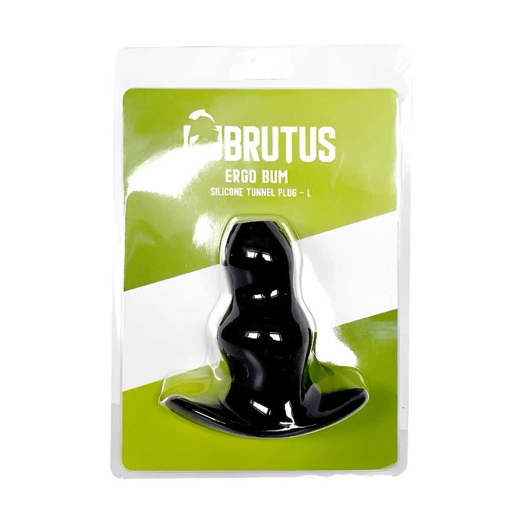 Black silicone Brutus Ergo Bum tunnel plug with a glossy finish in green and white branded blister pack
