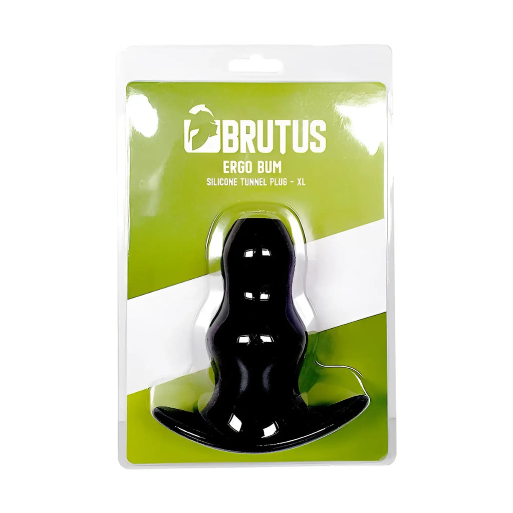 Black silicone Brutus Ergo Bum tunnel plug XL in green and white packaging for body piercing use