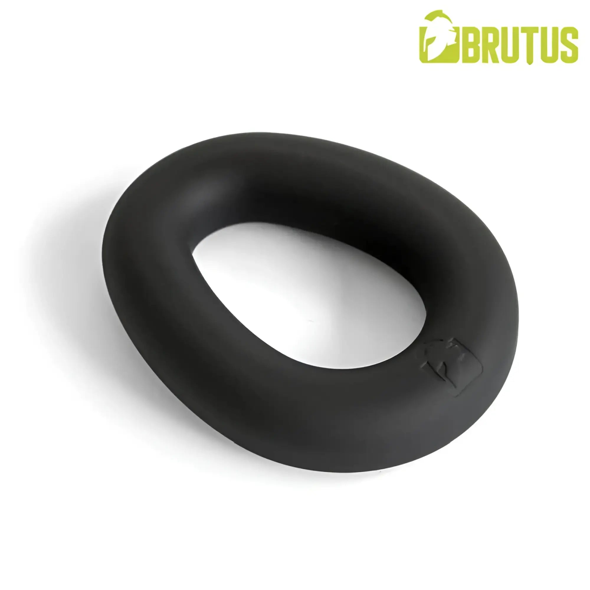 Black silicone brutus hypersoft ergo cockring with smooth matte finish and subtle side branding visible from the back side