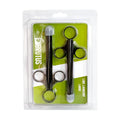 Black metal lube launcher with clear plastic tips and rings in green and white blister pack 2 pc set