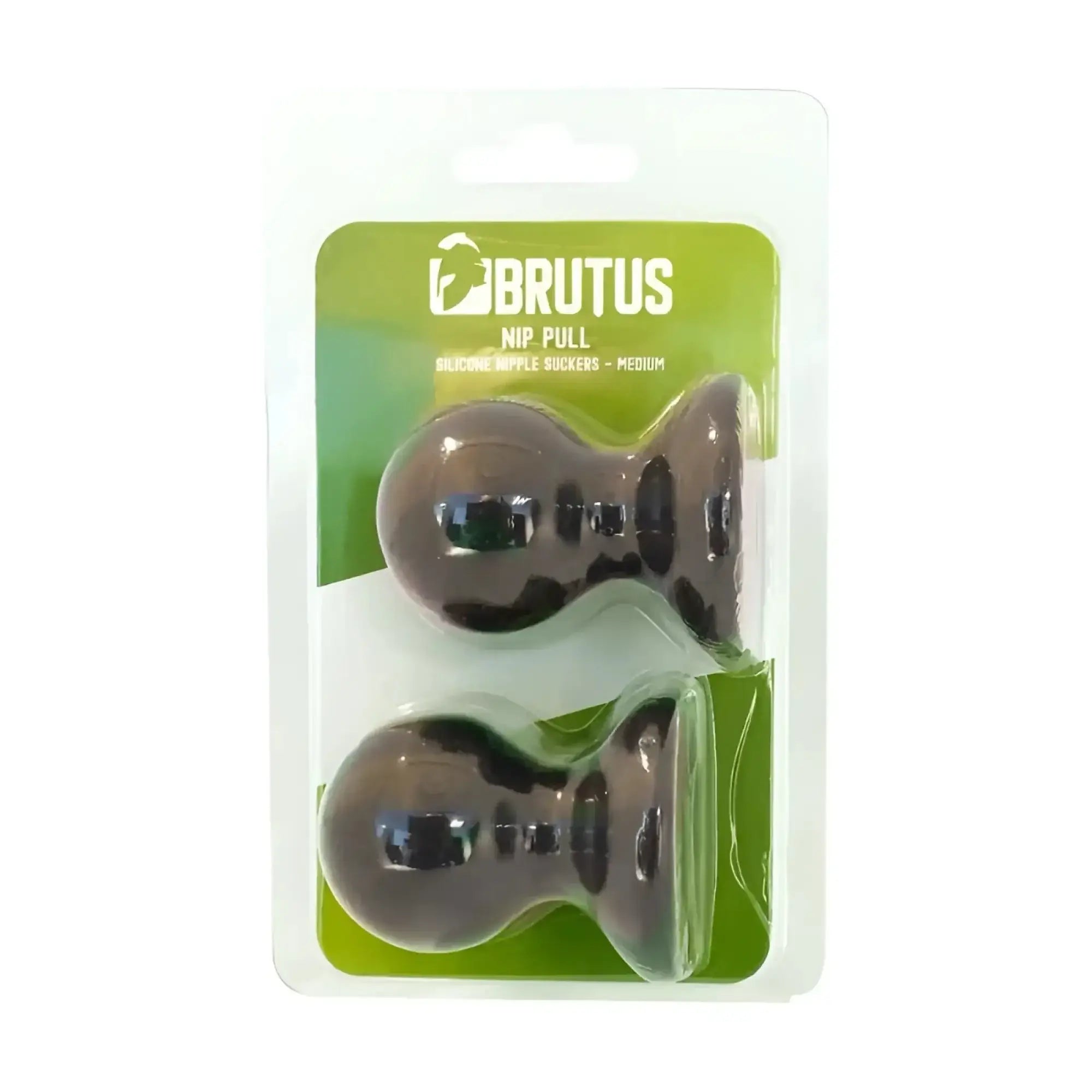Brutus medium silicone nipple suckers in clear plastic package with green labeling for nipple pulling use