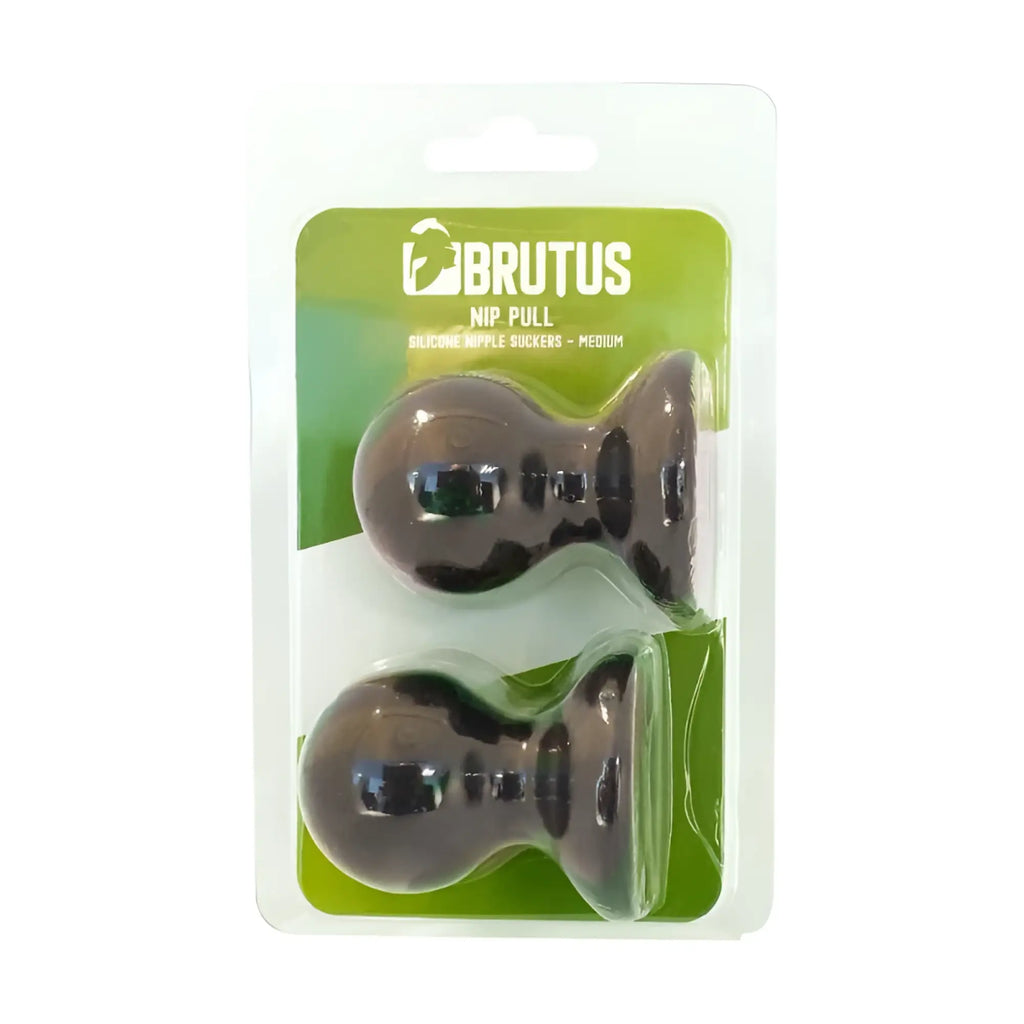 Brutus medium silicone nipple suckers in clear plastic package with green labeling for nipple pulling use
