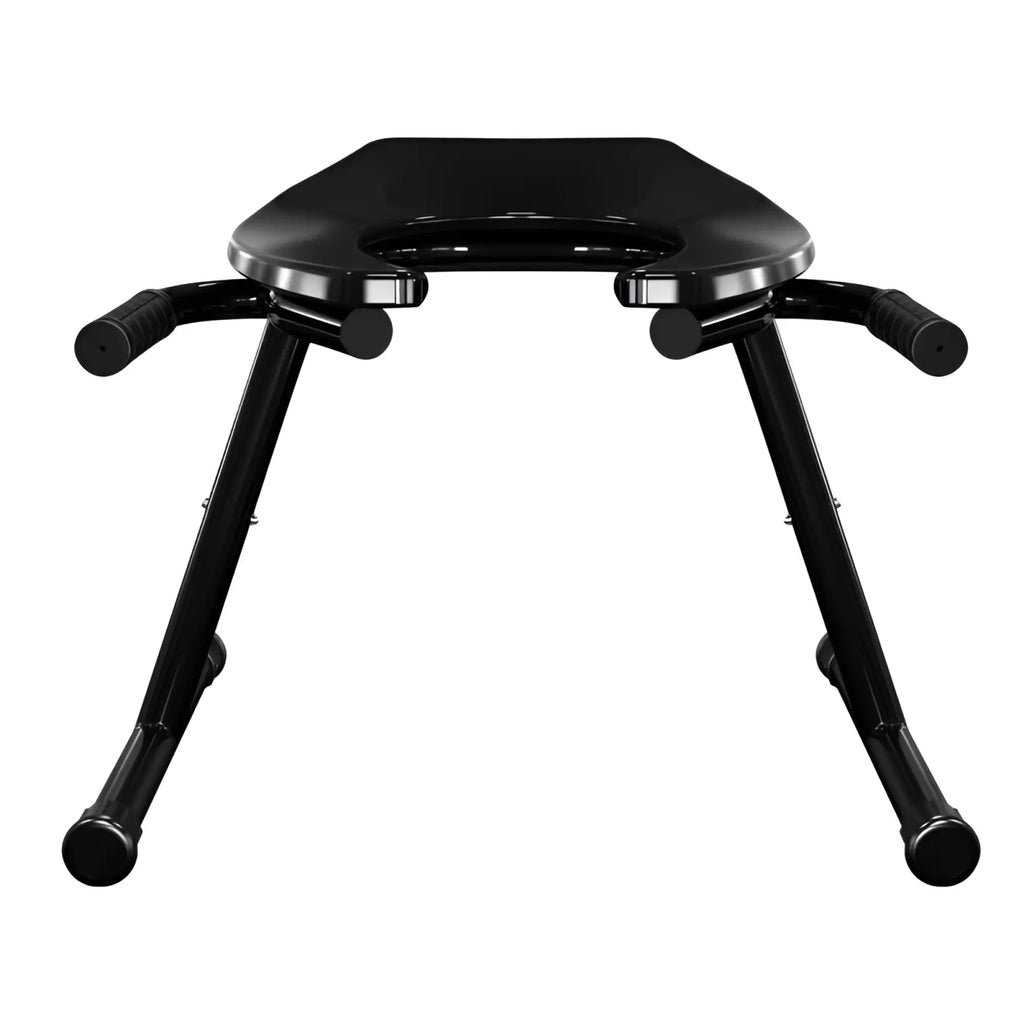Black plastic Brutus Brutus Rim Seat 2.0 commode with padded seat and ergonomic handles for comfortable support