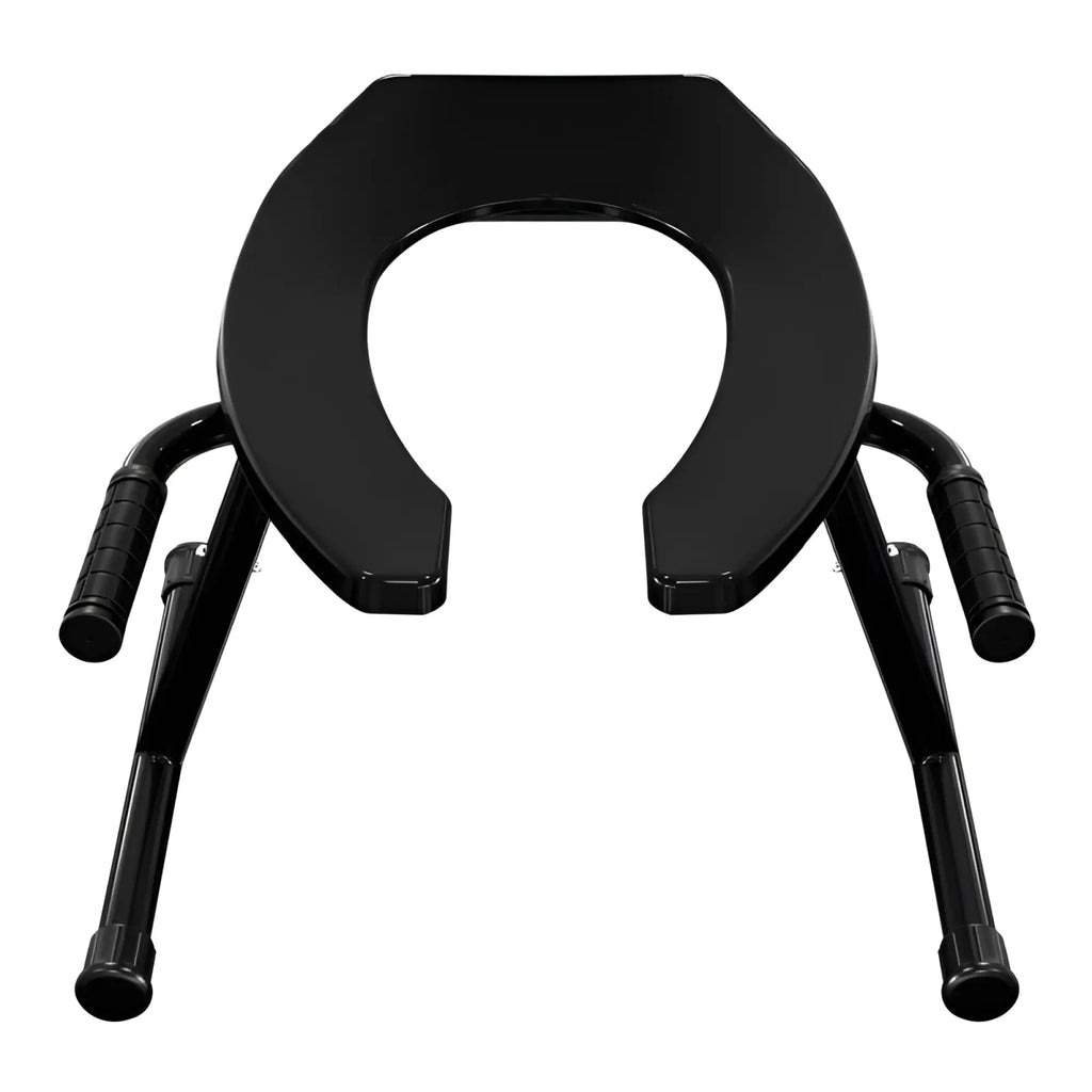 Black plastic toilet seat brutus brim seat 2.0 mounted on foldable metal frame with textured grip handles