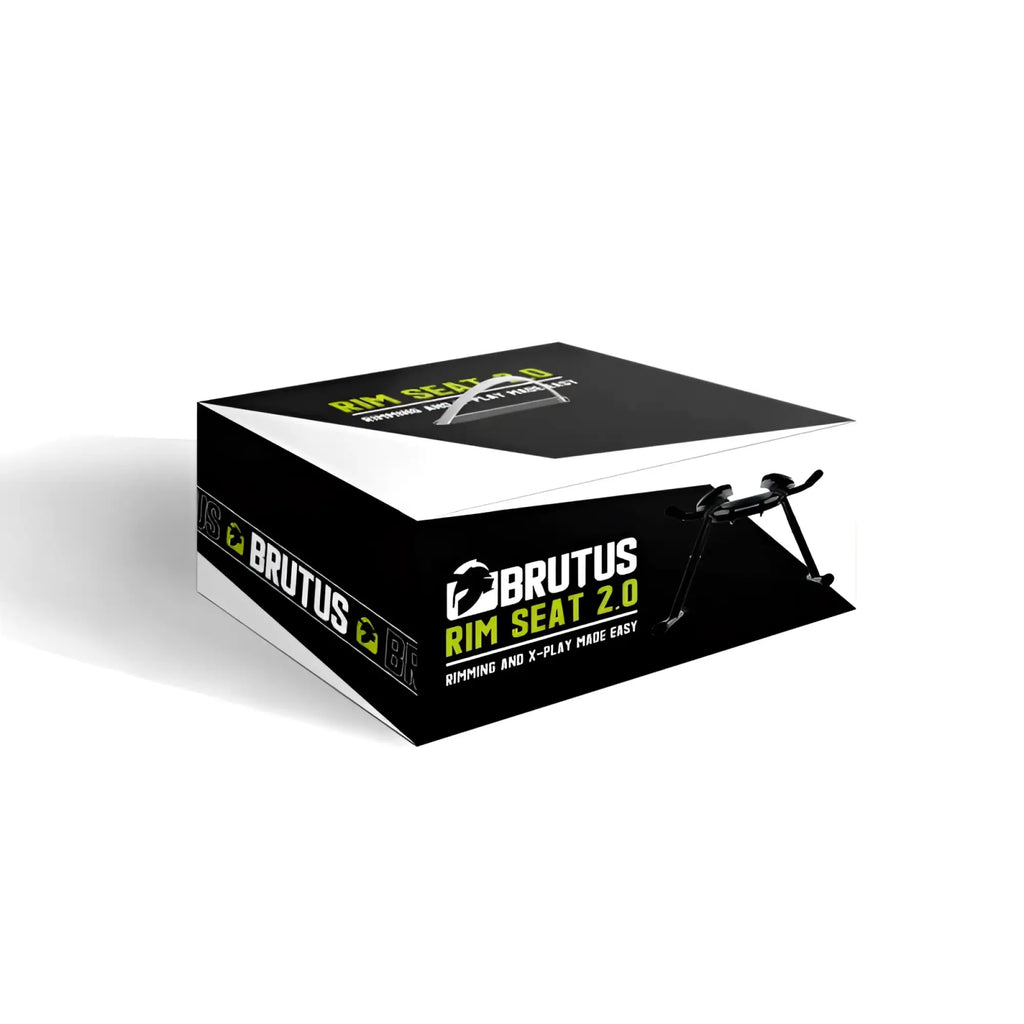 Black and white box for the Brutus Brutus rim seat 2.0 featuring a side graphic of the product