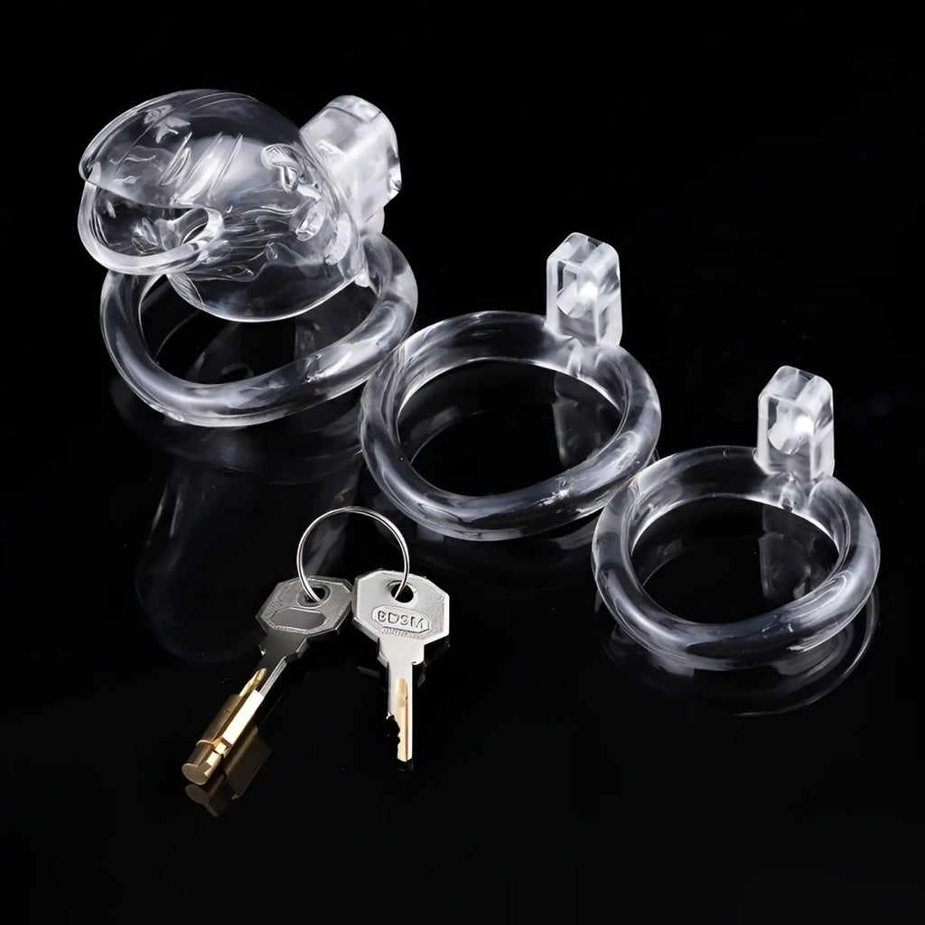 Clear plastic Brutus Brutus shark chastity cage with transparent molded head and three circular rings for secure wear