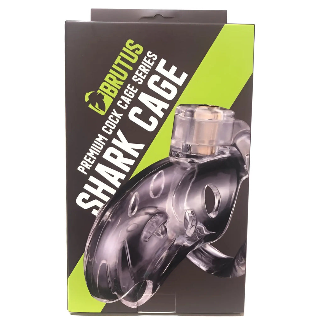 Clear plastic shark-shaped cock cage from the Brutus premium series designed for male chastity play
