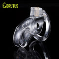 Clear plastic chastity cage with transparent molded design and gold-toned metal insert by brutus shark chastity cage clear