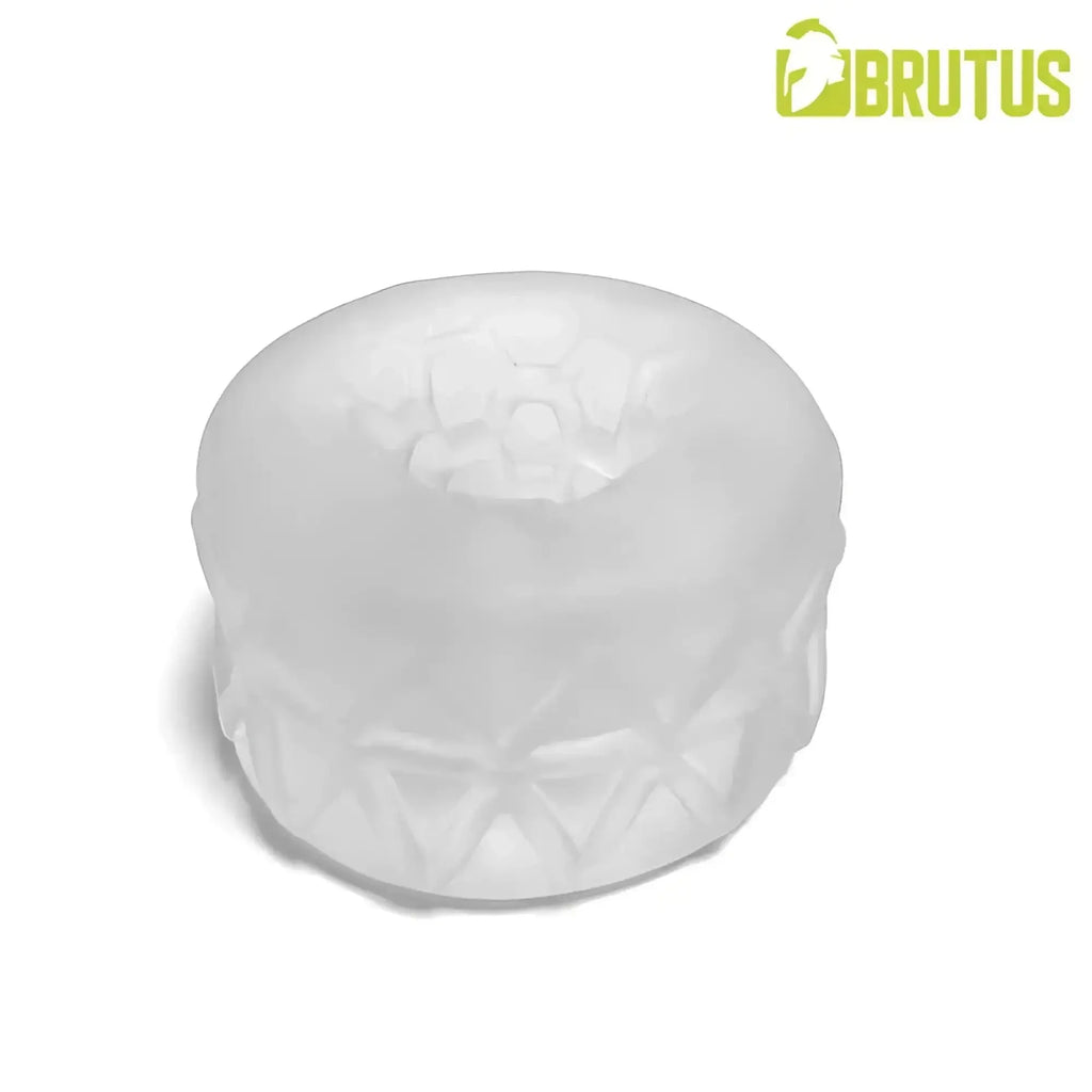 Translucent white silicone Brutus Silasoft ballstretcher with textured geometric pattern and central hole