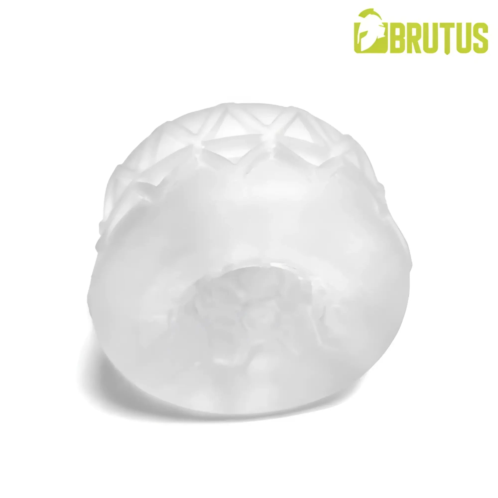 Translucent white silicone cock ring with a textured diamond pattern and smooth inner cavity from brutus silasoft ballstretcher ice