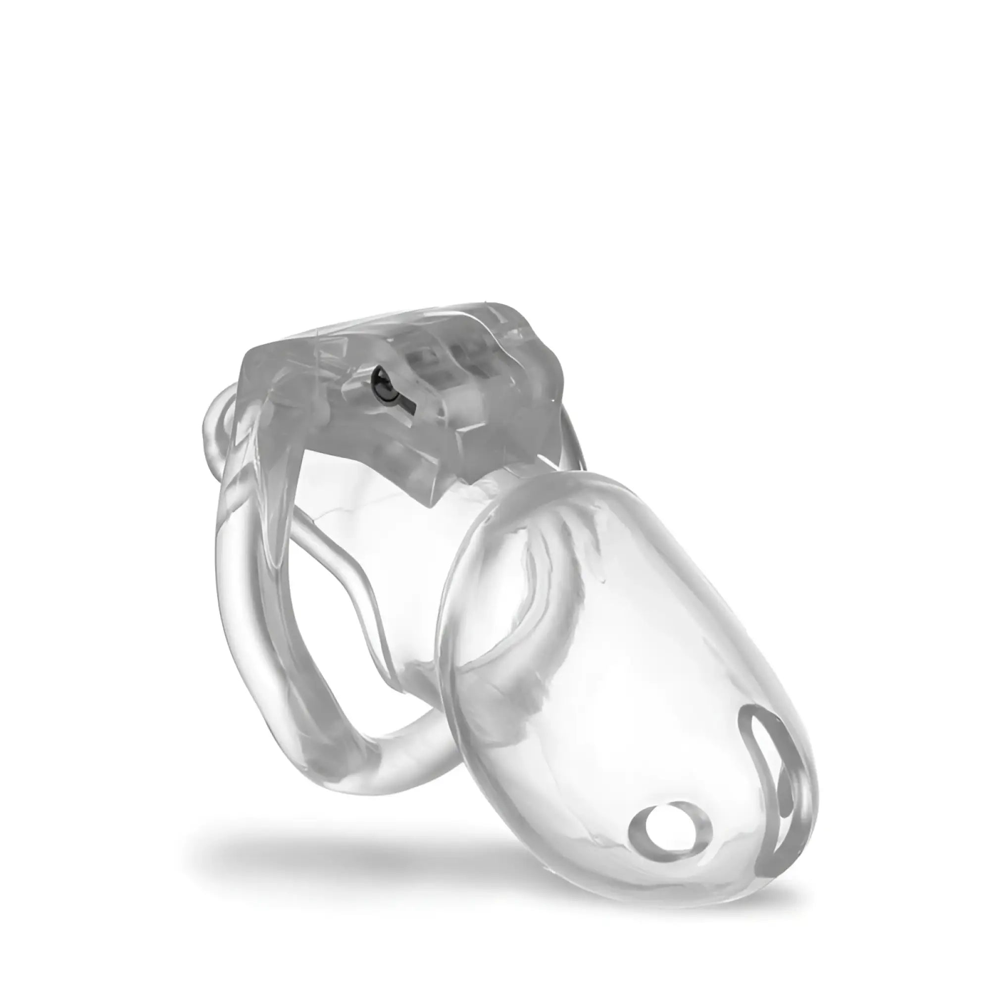 Brutus stealth clear chastity cage made of transparent silicone with black metal hardware and a molded design