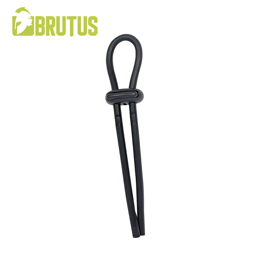 Black brutus brand adjustable cock ring strap with looped top and reinforced central clasp for secure fit