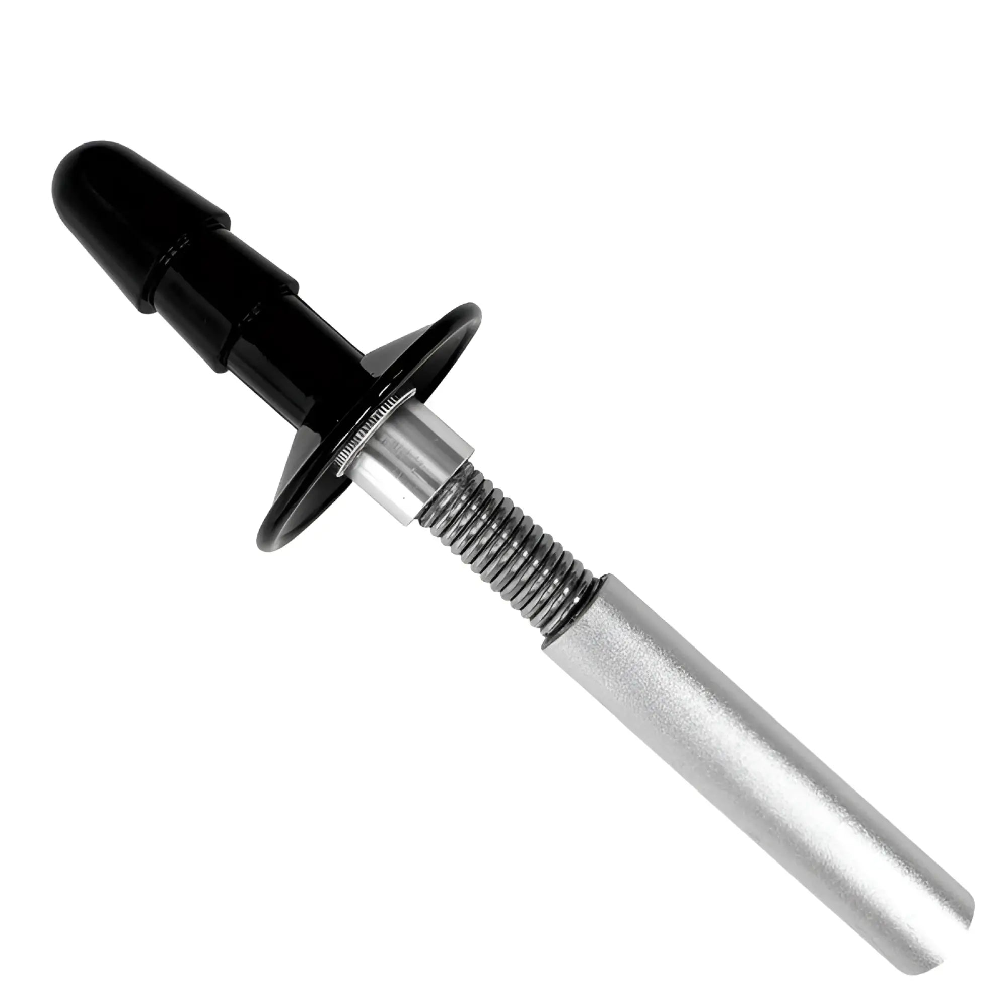 Black plastic nozzle attached to silver metal threaded rod with cylindrical handle on brutus xtreme adjustable fuck machine 2.0