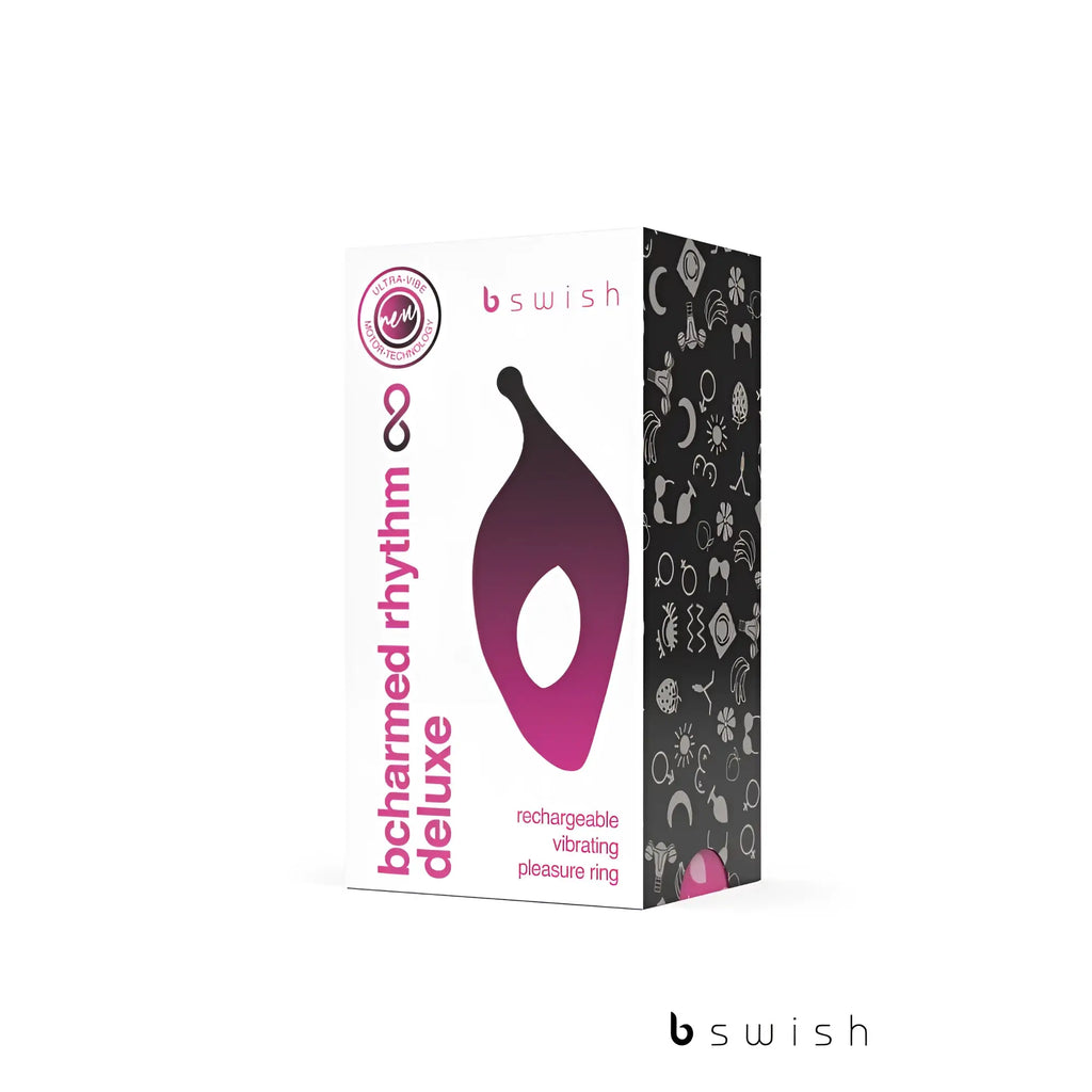 Bswish Bcharmed Rhythm Infinite Deluxe black vibrating pleasure ring in magenta and black rechargeable packaging