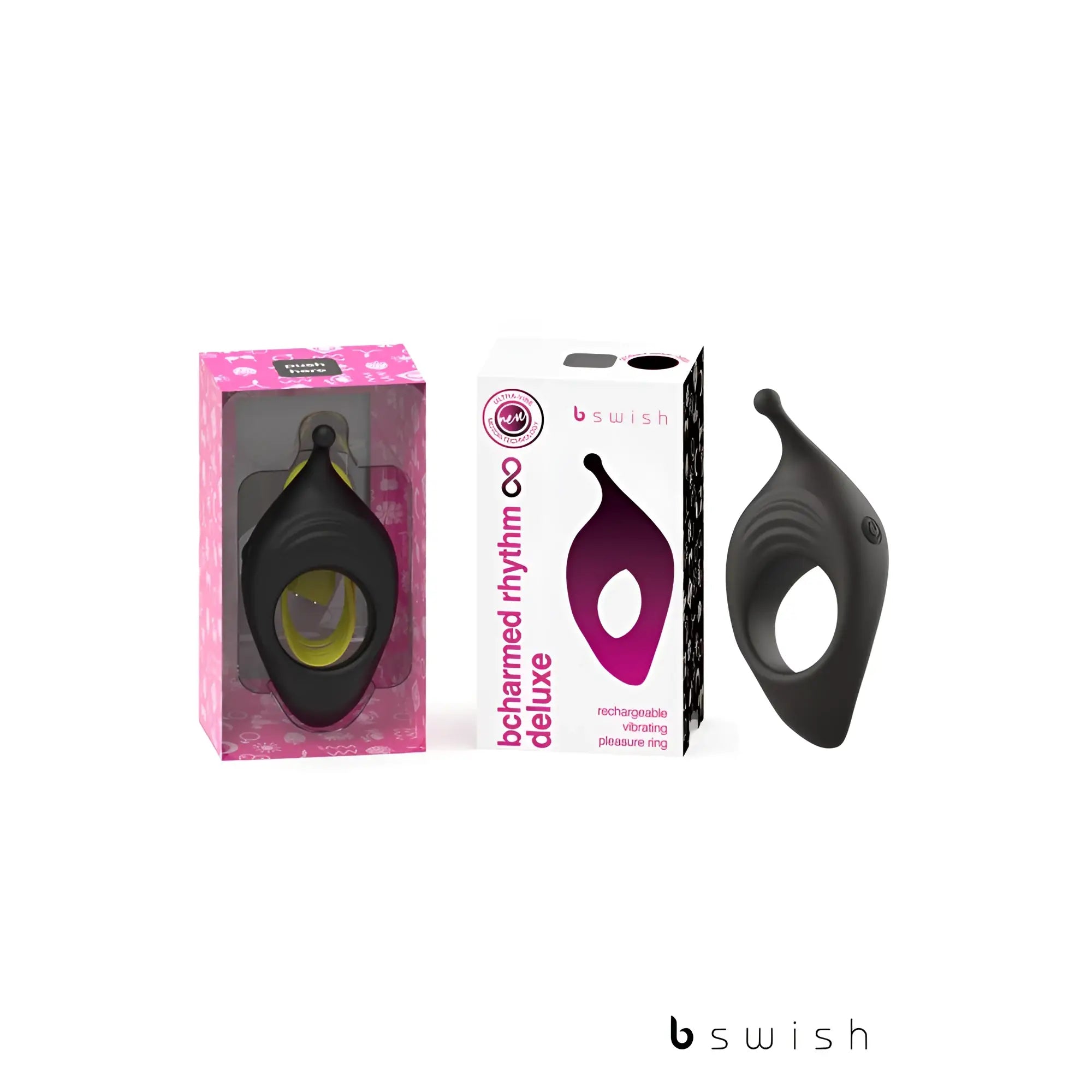 Black silicone b swish bcharmed rhythm infinite deluxe rechargeable vibrating pleasure ring with ergonomic textured grip