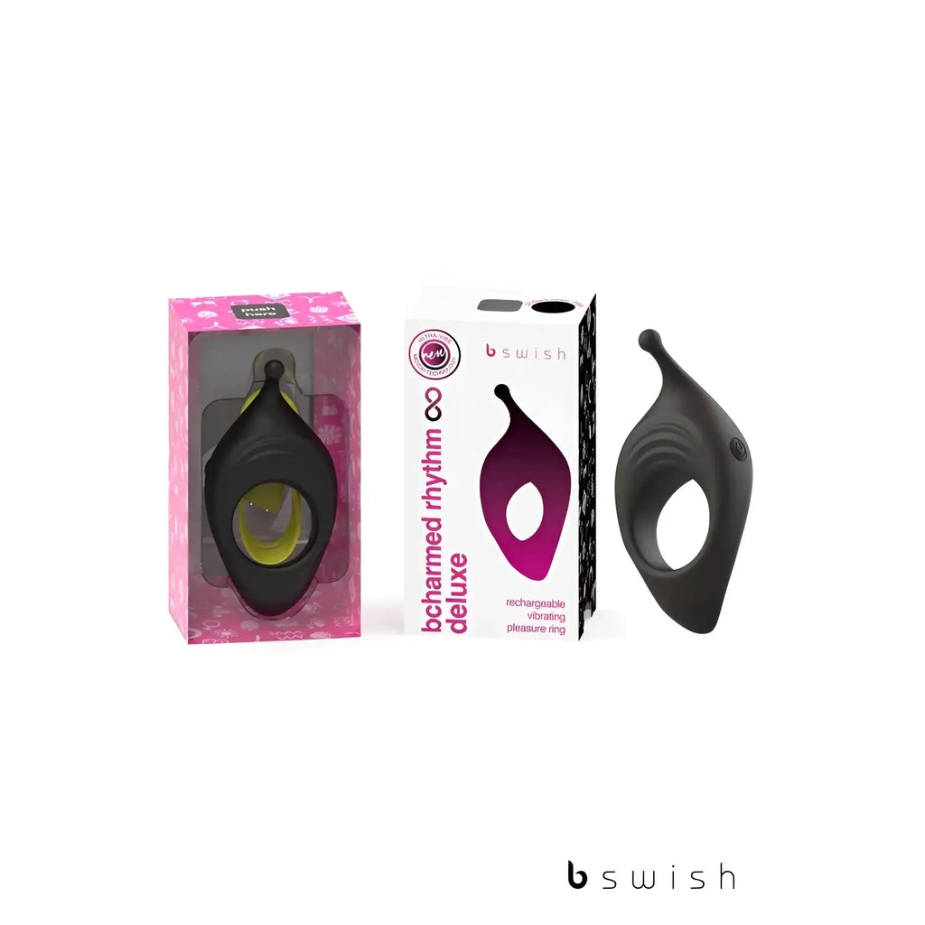 Black silicone b swish bcharmed rhythm infinite deluxe rechargeable vibrating pleasure ring with ergonomic textured grip