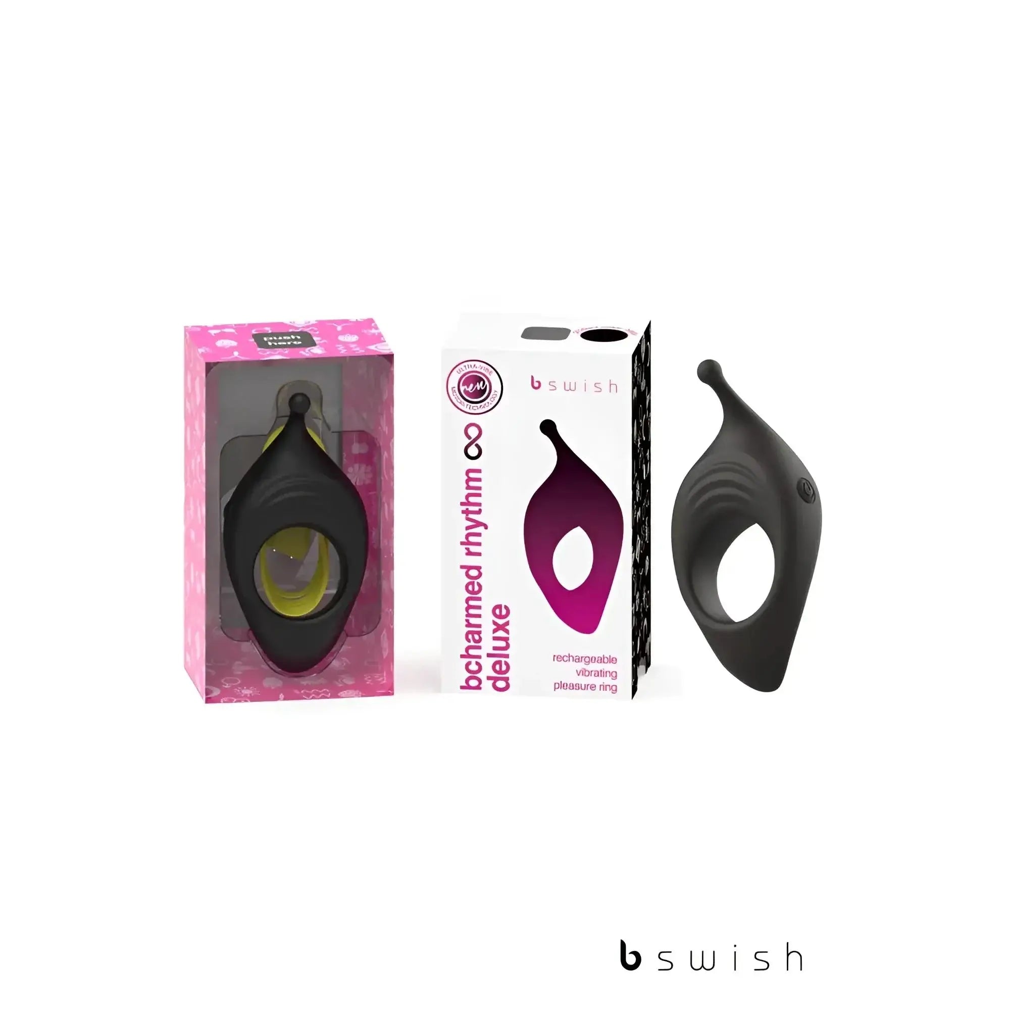 Black silicone b swish bcharmed rhythm infinite deluxe rechargeable vibrating pleasure ring with ergonomic textured grip