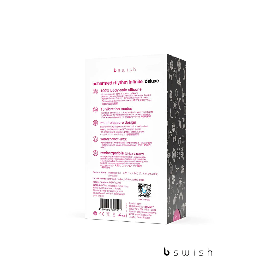 Back of bswish bcharmed rhythm infinite deluxe black adult toy box showing 100 percent silicone 15 vibration modes
