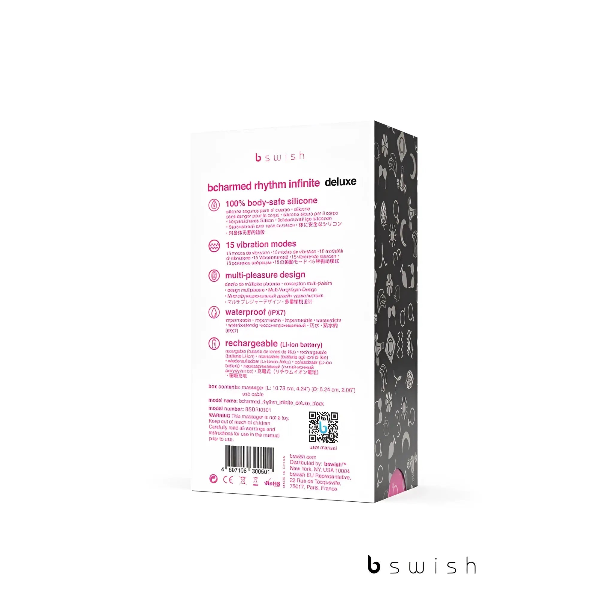 Back of bswish bcharmed rhythm infinite deluxe black adult toy box showing 100 percent silicone 15 vibration modes