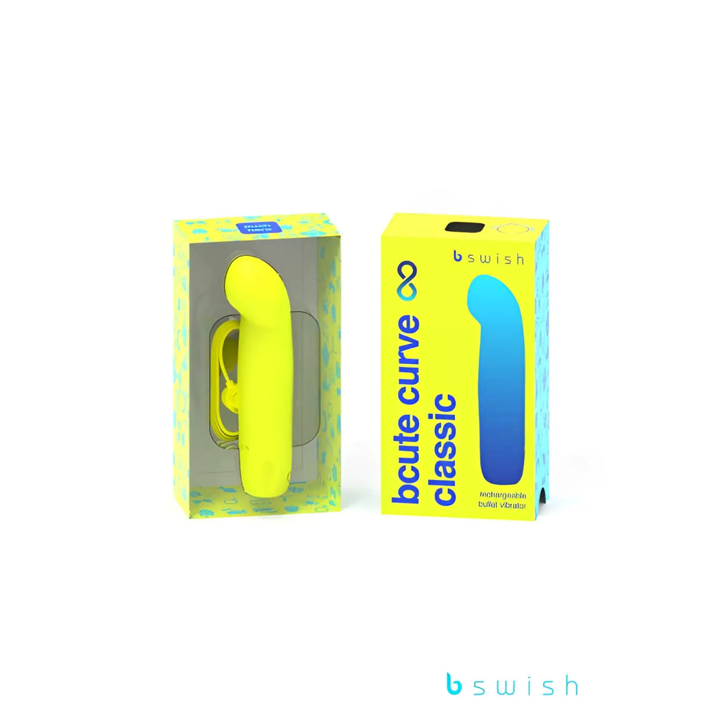 Bright yellow silicone bcute curve classic rechargeable bullet vibrator in branded packaging by Bswish