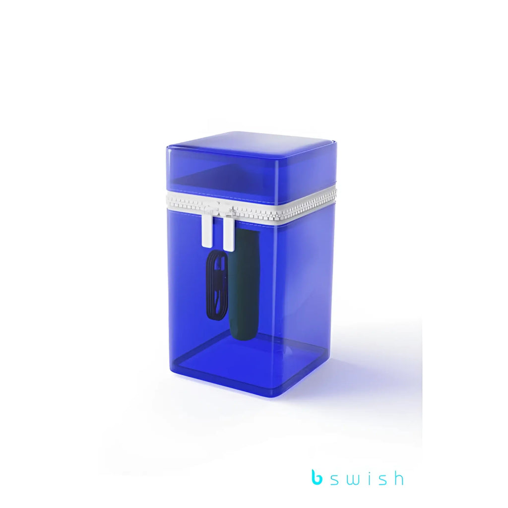 A translucent royal blue rectangular container with silver zipper and white tabs holding a dark green item for Bswish Bcute Curve Infinite Classic Limited Edition Citrus Yellow